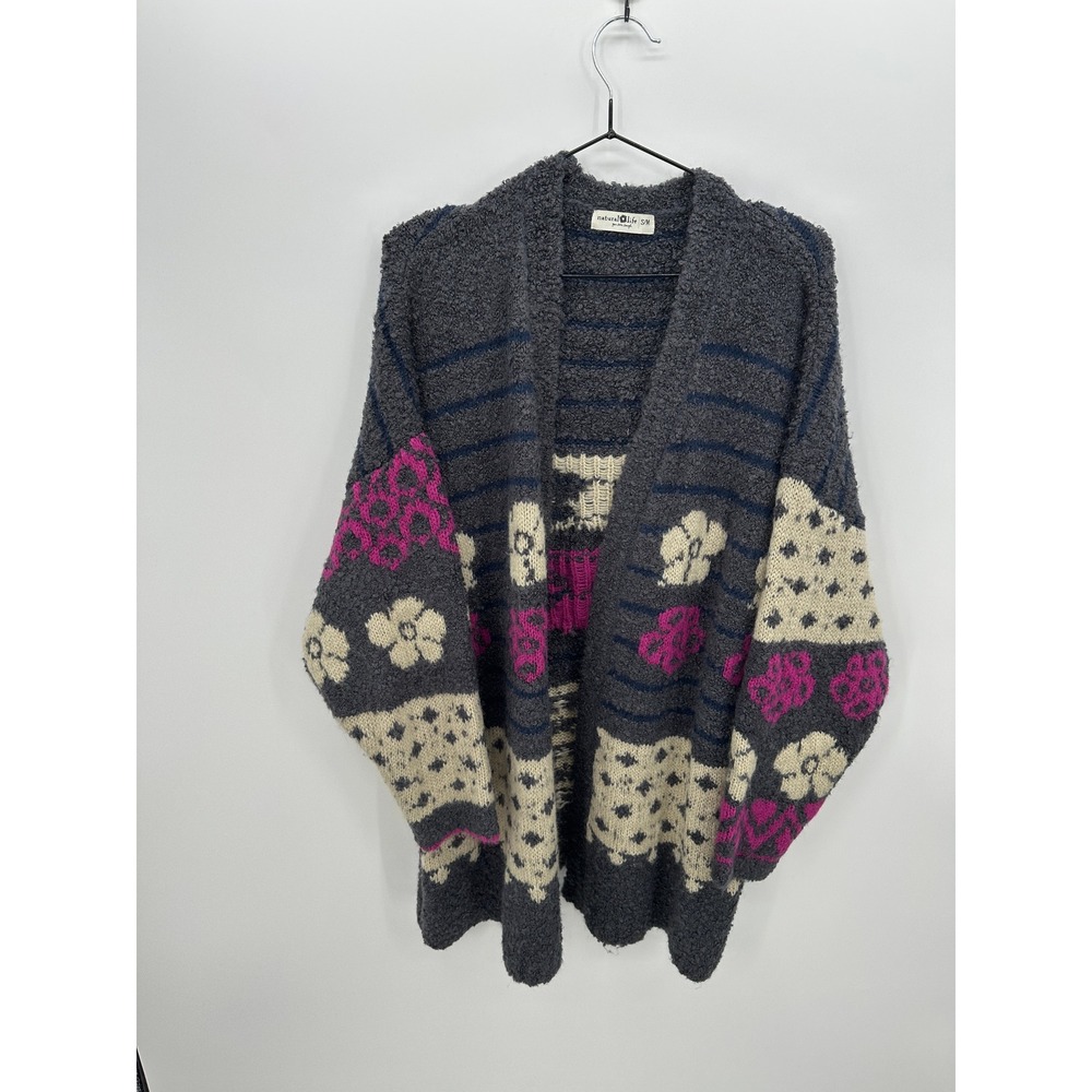 Natural Life Calla‎ Jacquard Cardigan Sweater Sz S/M Charcoal Cozy Knit Chunky